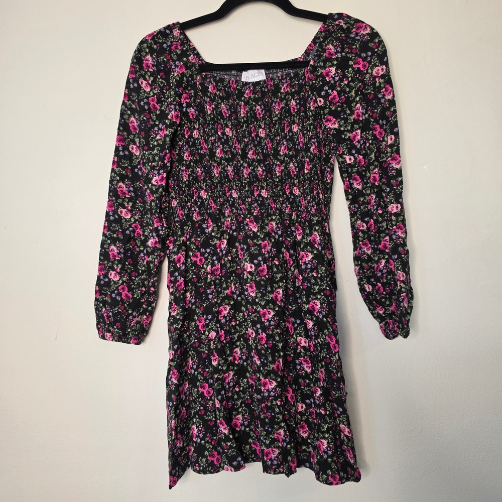 The Children's Place Dress Girls 14 Black Floral Smocked Bodice Long Sleeve Boho